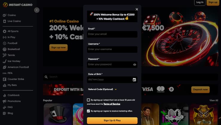 An image of the sign up screen at Instant Casino, a leader among Irish bookmakers.